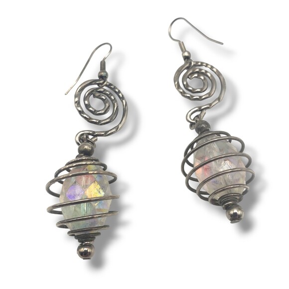 Silver Tone Wire Caged Acrylic Iridescent Bead Swirl Dangle Drop Hook Earrings - Picture 1 of 6